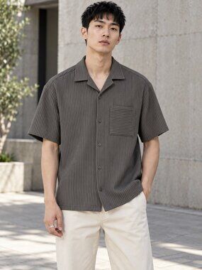 TOPMAN Men's Small Olive Gray Ribbed Camp Collar Short Sleeve Shirt